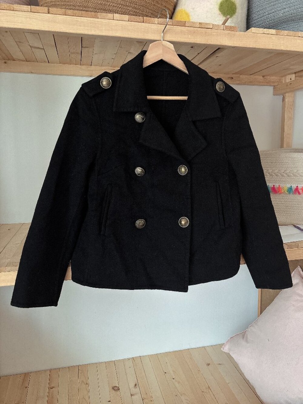 Black Wool Military-Style Cropped Coat